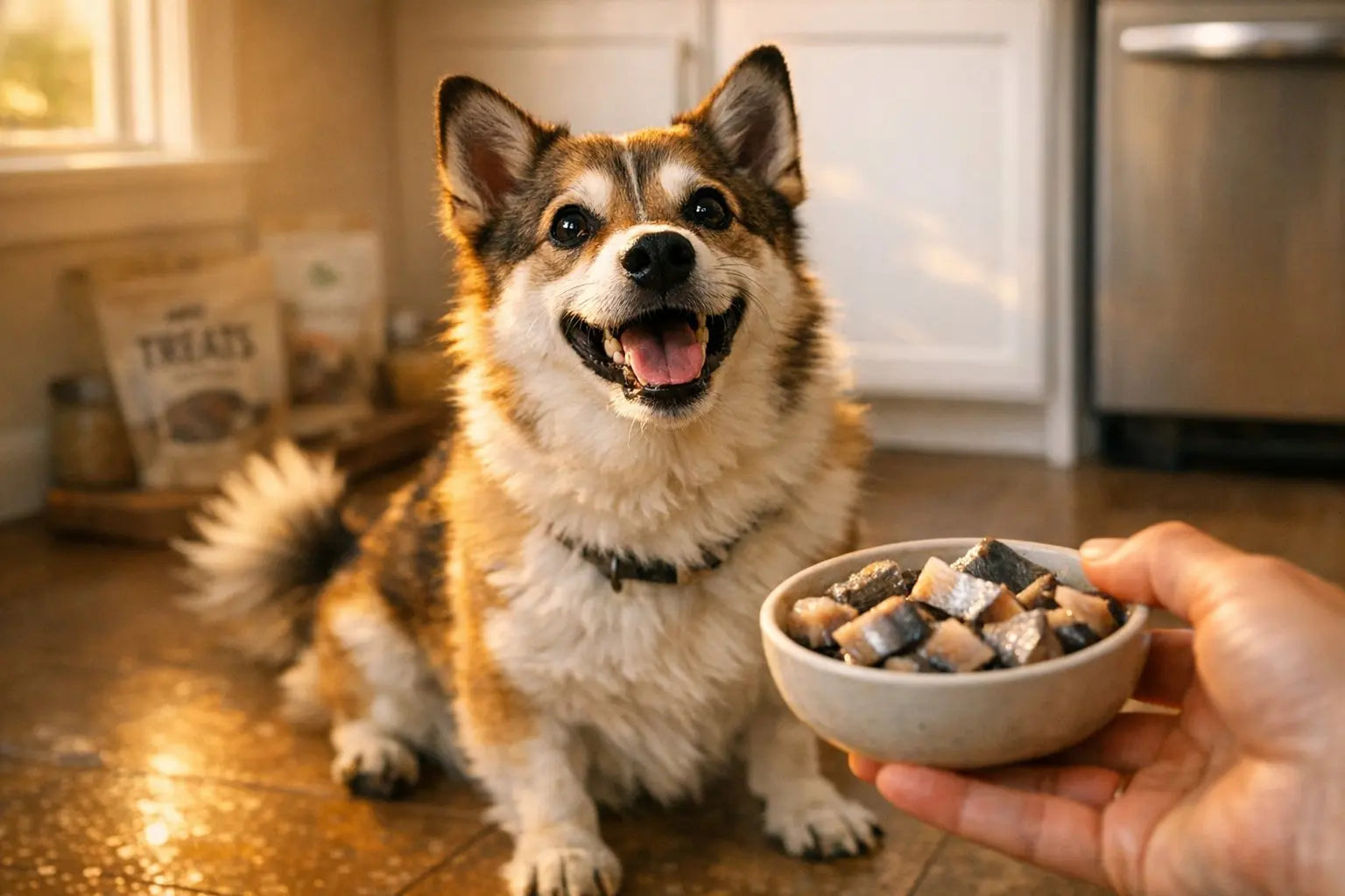 Dog enjoying air dried Baltic herring treat from Plato Pet Treats