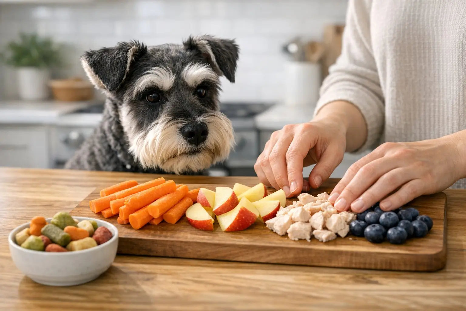 Dog looking up hopefully while owner considers using human food as dog treats
