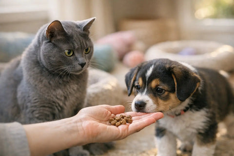 Cat calmly observing a new pet while enjoying treats during a gentle home introduction