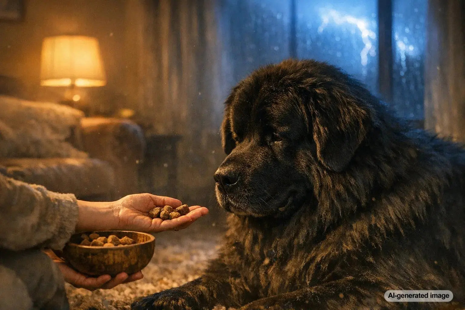 Newfoundland dog relaxing indoors during loud noises with calming treats