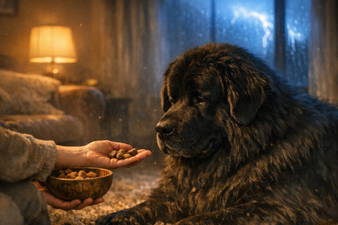 Newfoundland dog relaxing indoors during loud noises with calming treats