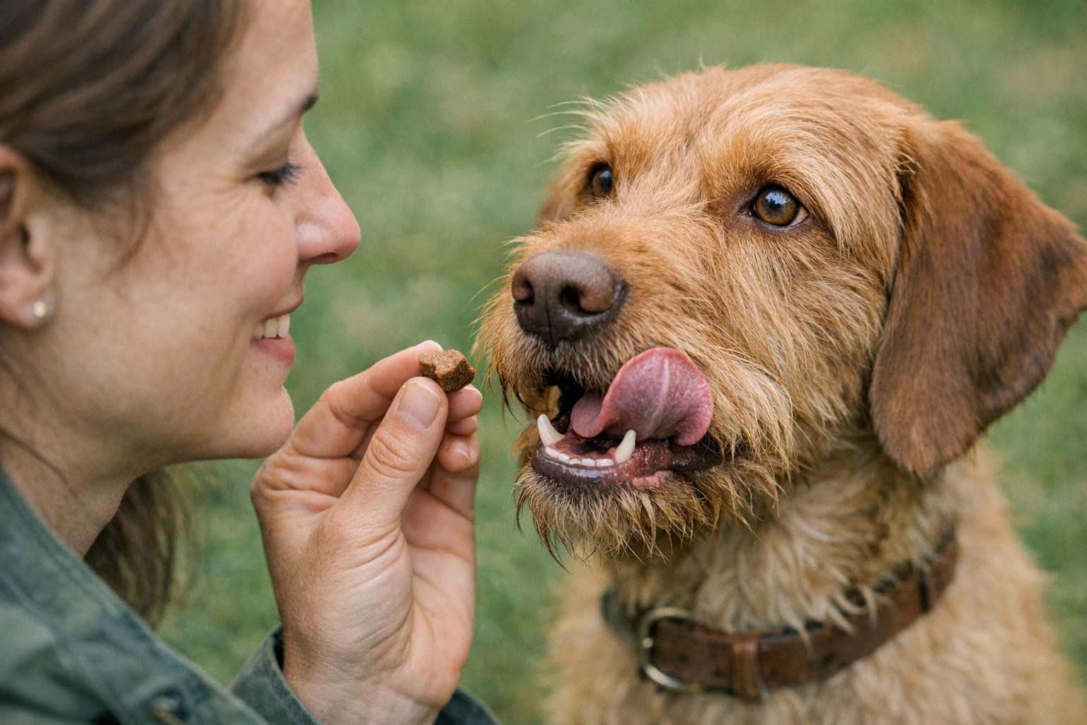 Dog enjoying simple limited ingredient dog treats from Plato Pet Treats