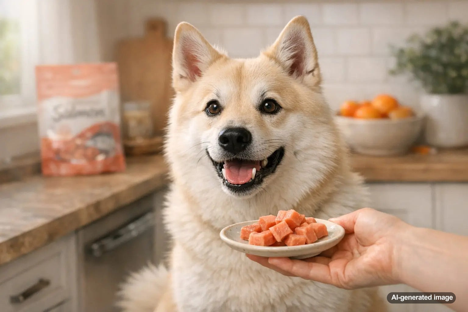 Happy dog with salmon treats on a plate illustrating how salmon can support healthy skin and a shiny coat