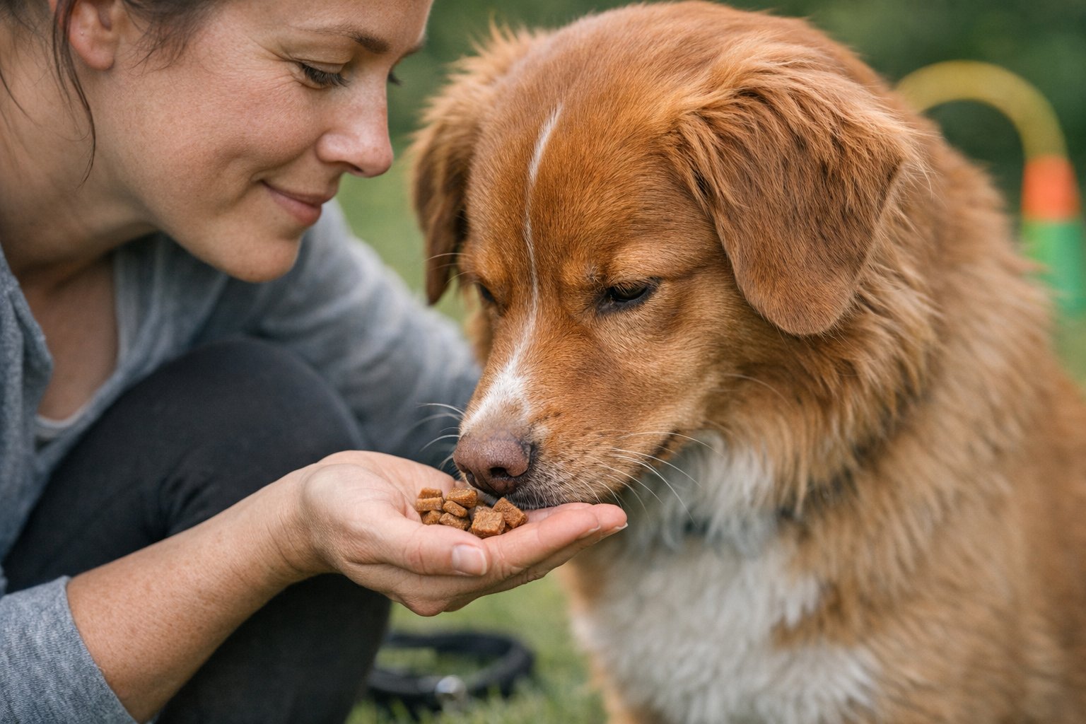 Dog during training session receiving a small bite-size treat as a reward