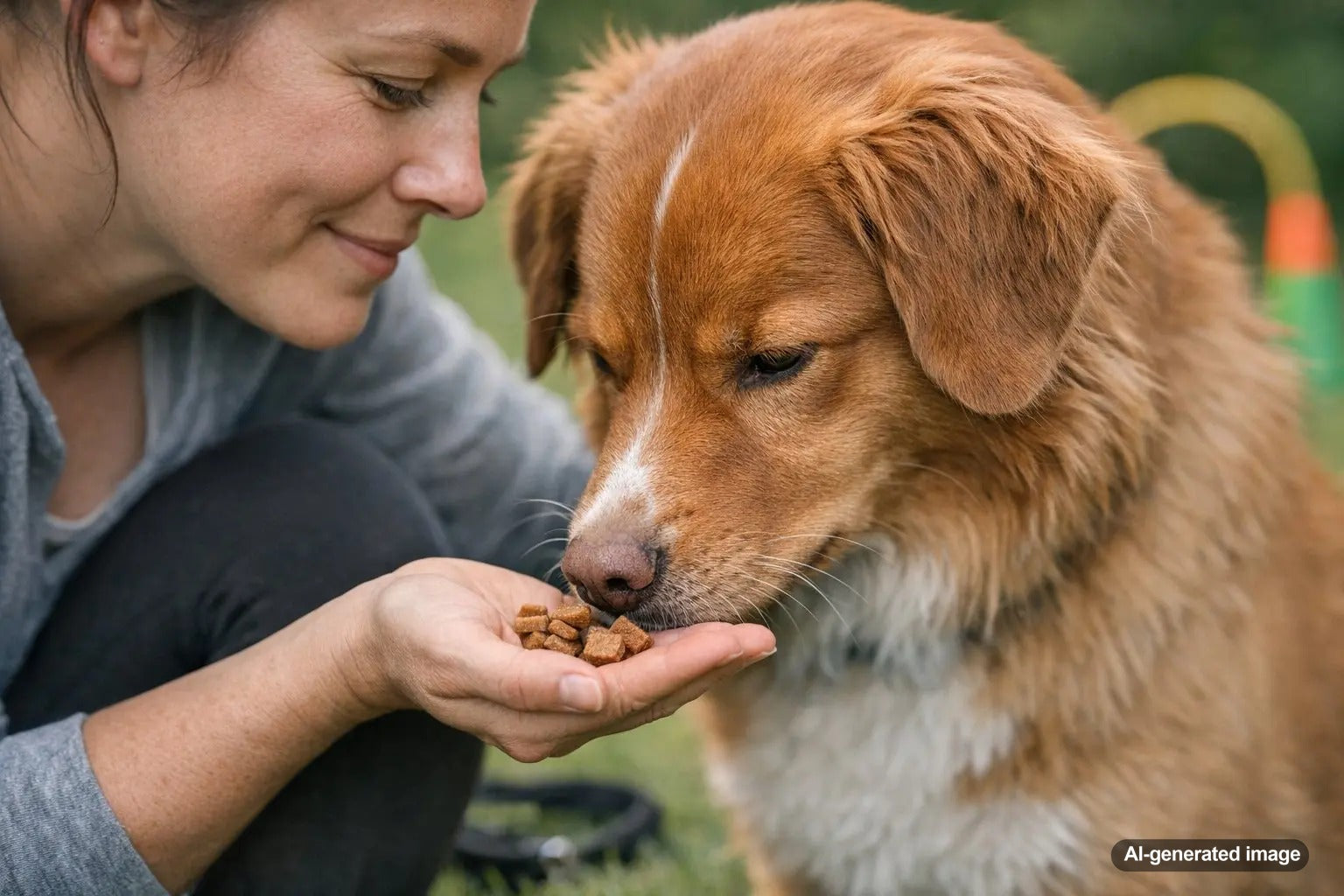 Dog during training session receiving a small bite-size treat as a reward