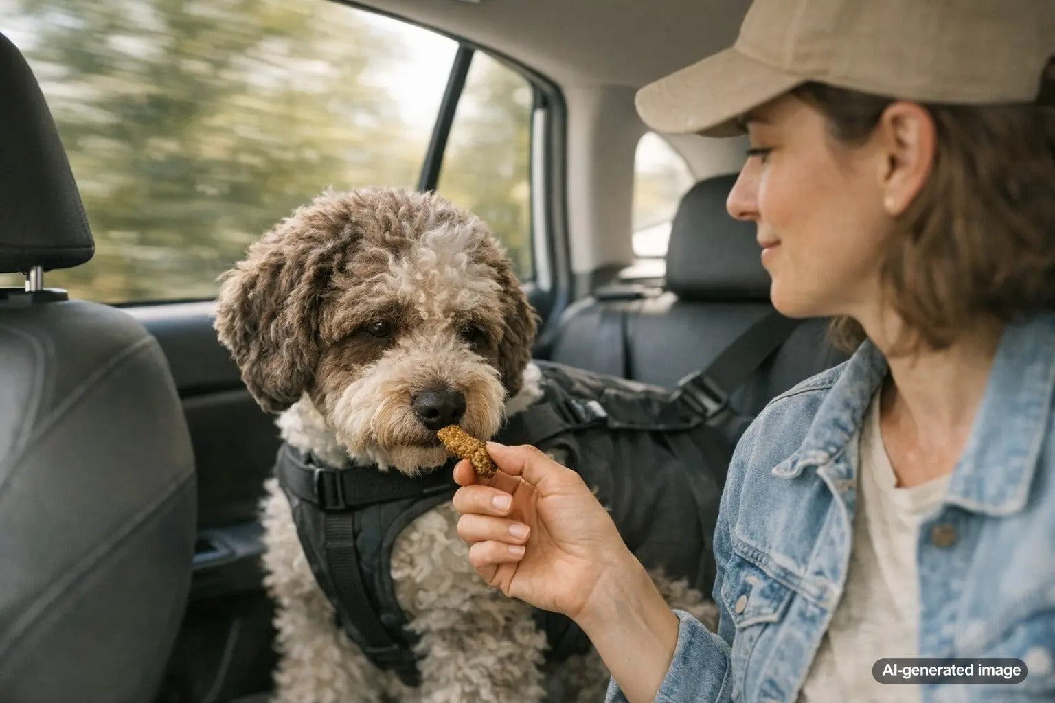 Dog calmly riding in a car while enjoying treats to help with car sickness