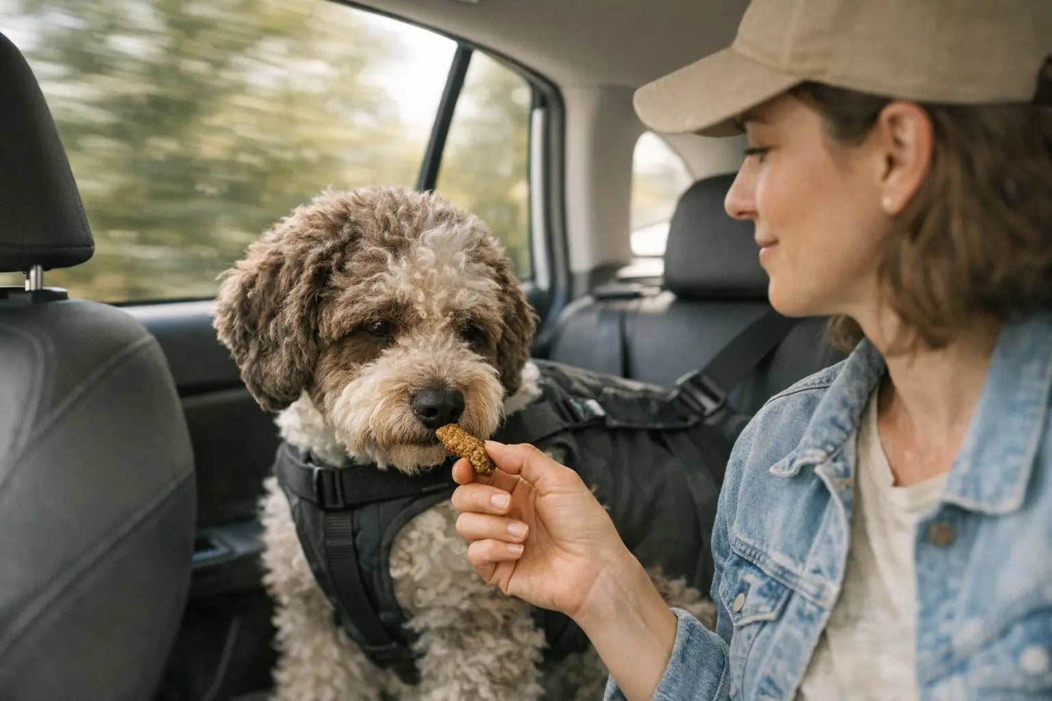 Dog calmly riding in a car while enjoying treats to help with car sickness