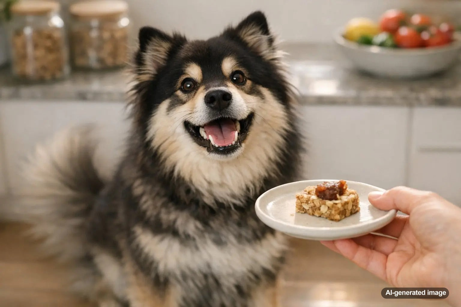 Happy dog smiling while being offered a treat on a plate in a kitchen