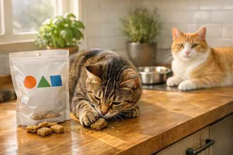 Cat enjoying catnip-infused treats during playful enrichment time