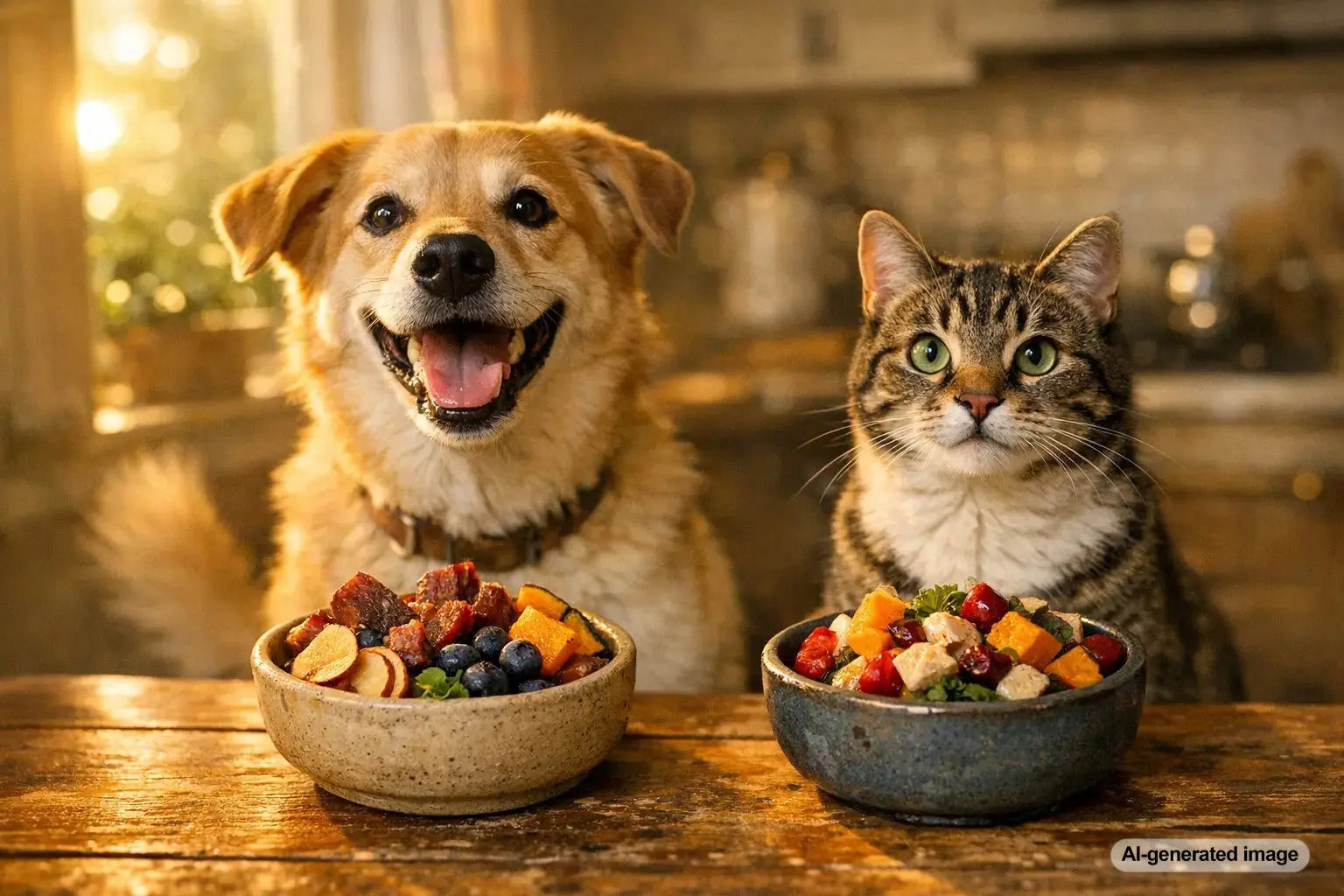 Cats and dogs enjoying species-appropriate treats from Plato Pet Treats