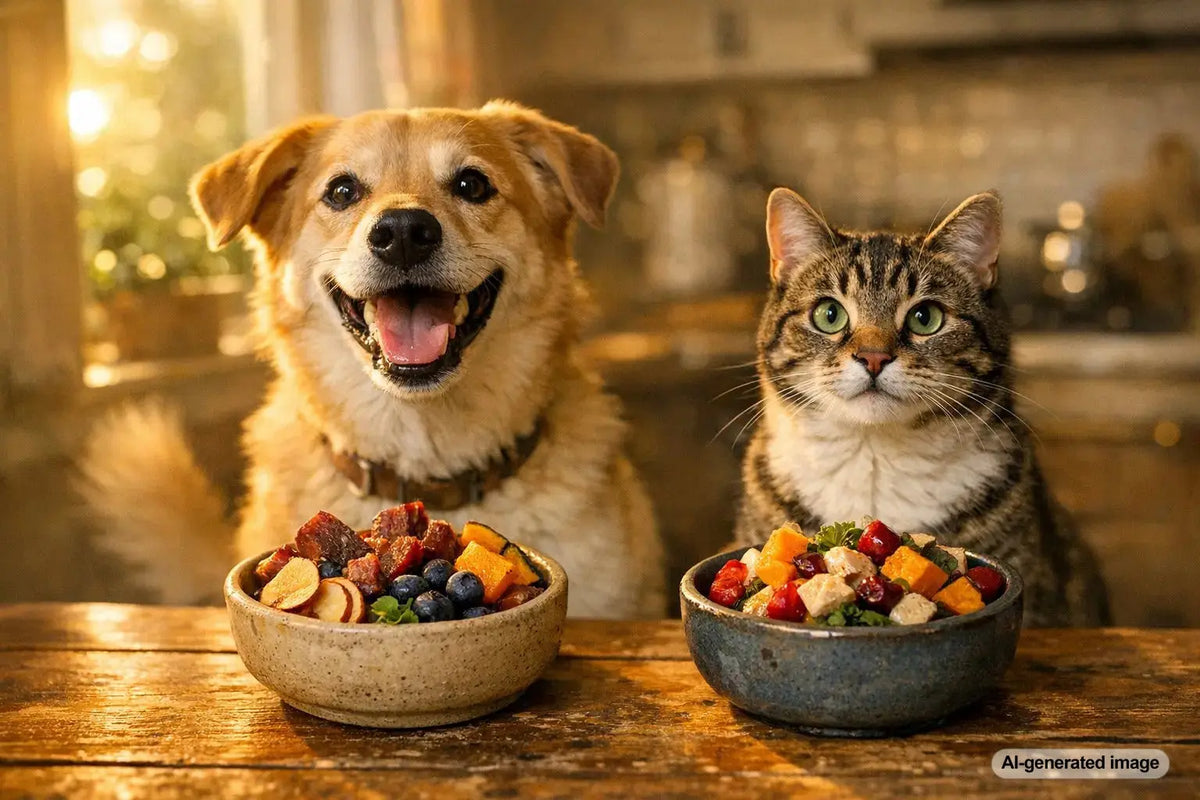 Cats and dogs enjoying species-appropriate treats from Plato Pet Treats