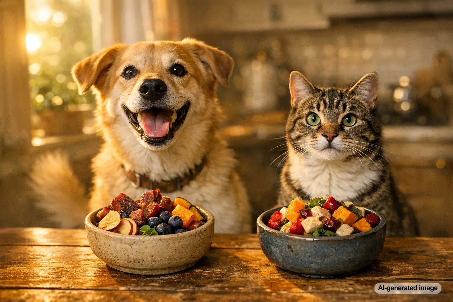 Cats and dogs enjoying species-appropriate treats from Plato Pet Treats