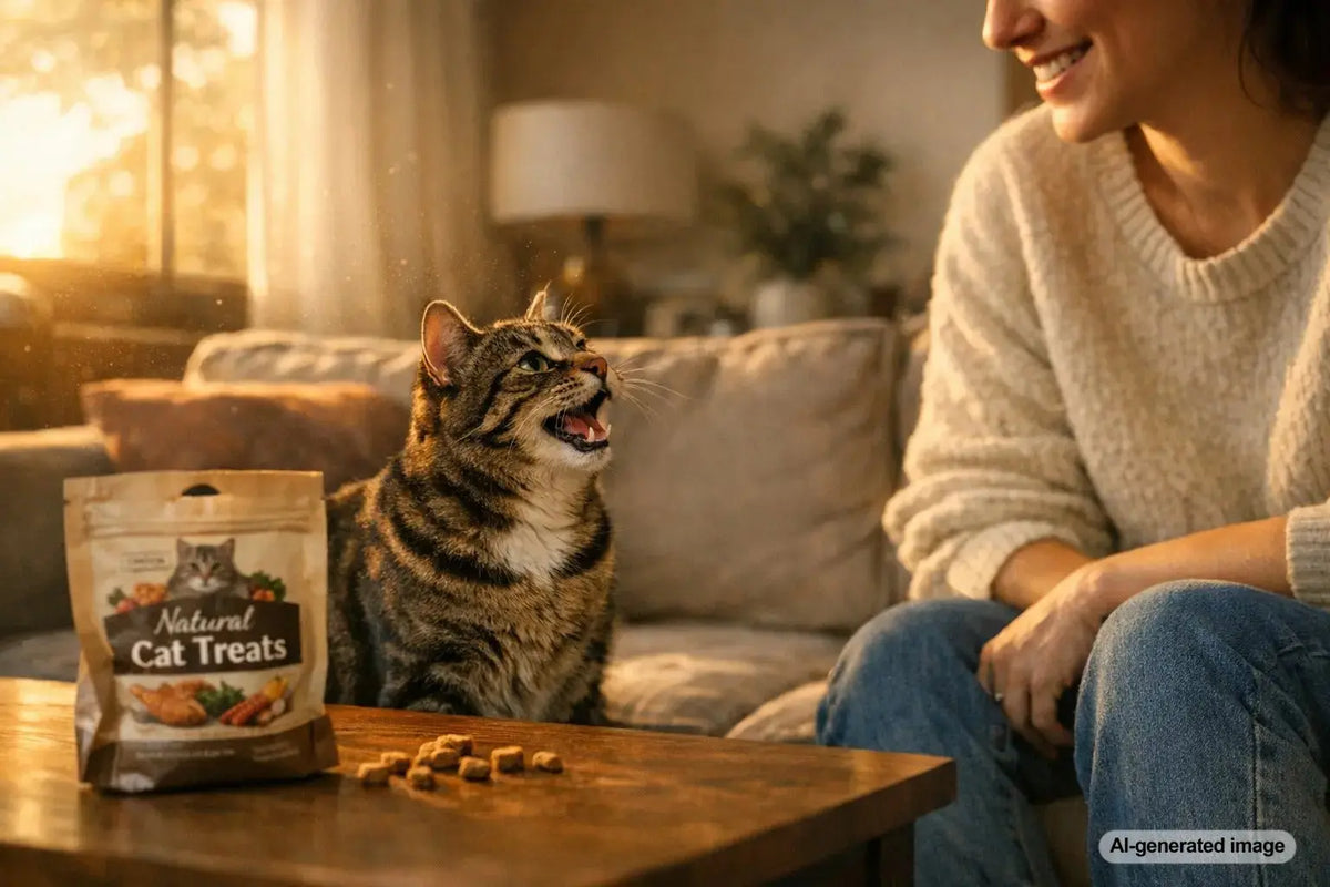 Chatty cat sitting alert and vocalizing indoors while looking at owner