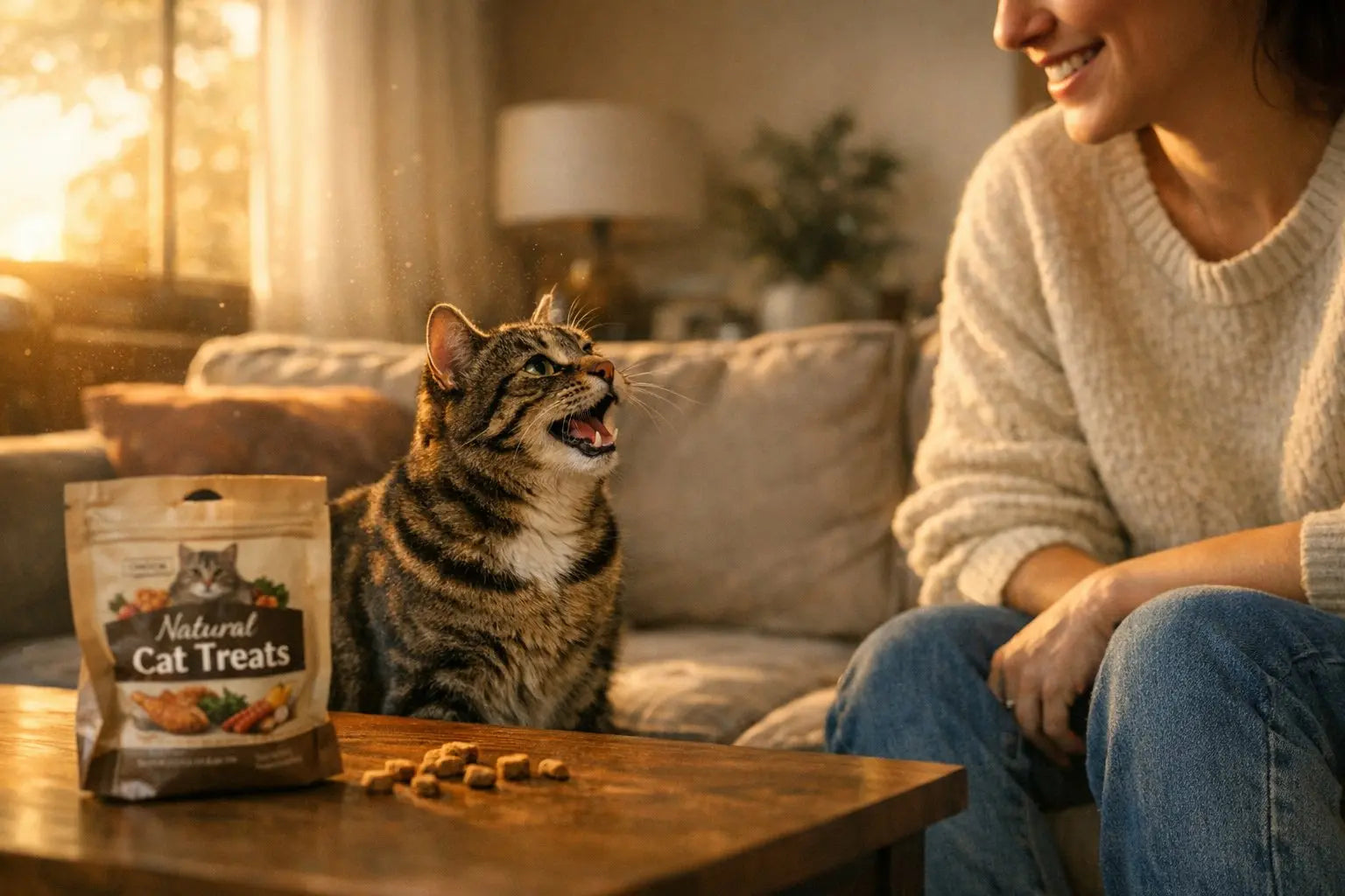 Chatty cat sitting alert and vocalizing indoors while looking at owner