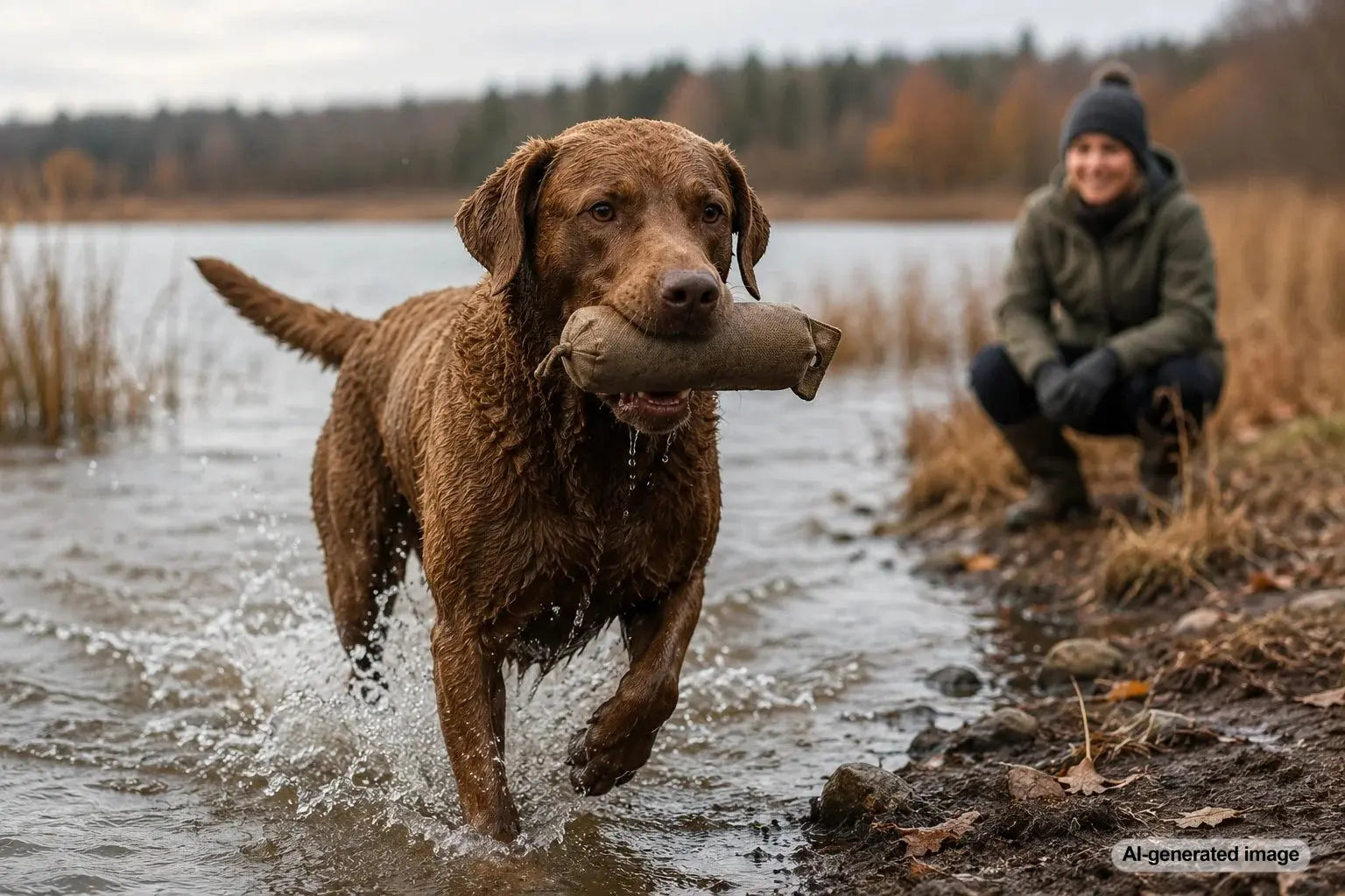 Chesapeake Bay Retriever enjoying a cold-weather water retrieve near the shoreline