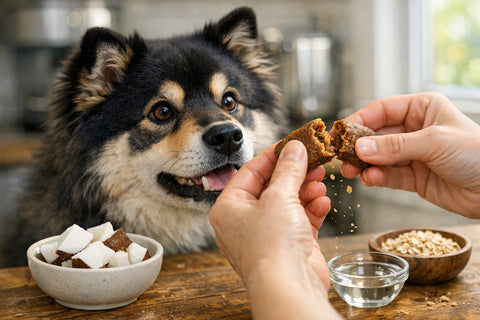 Chewy dog treats made without corn highlighting coconut glycerin texture