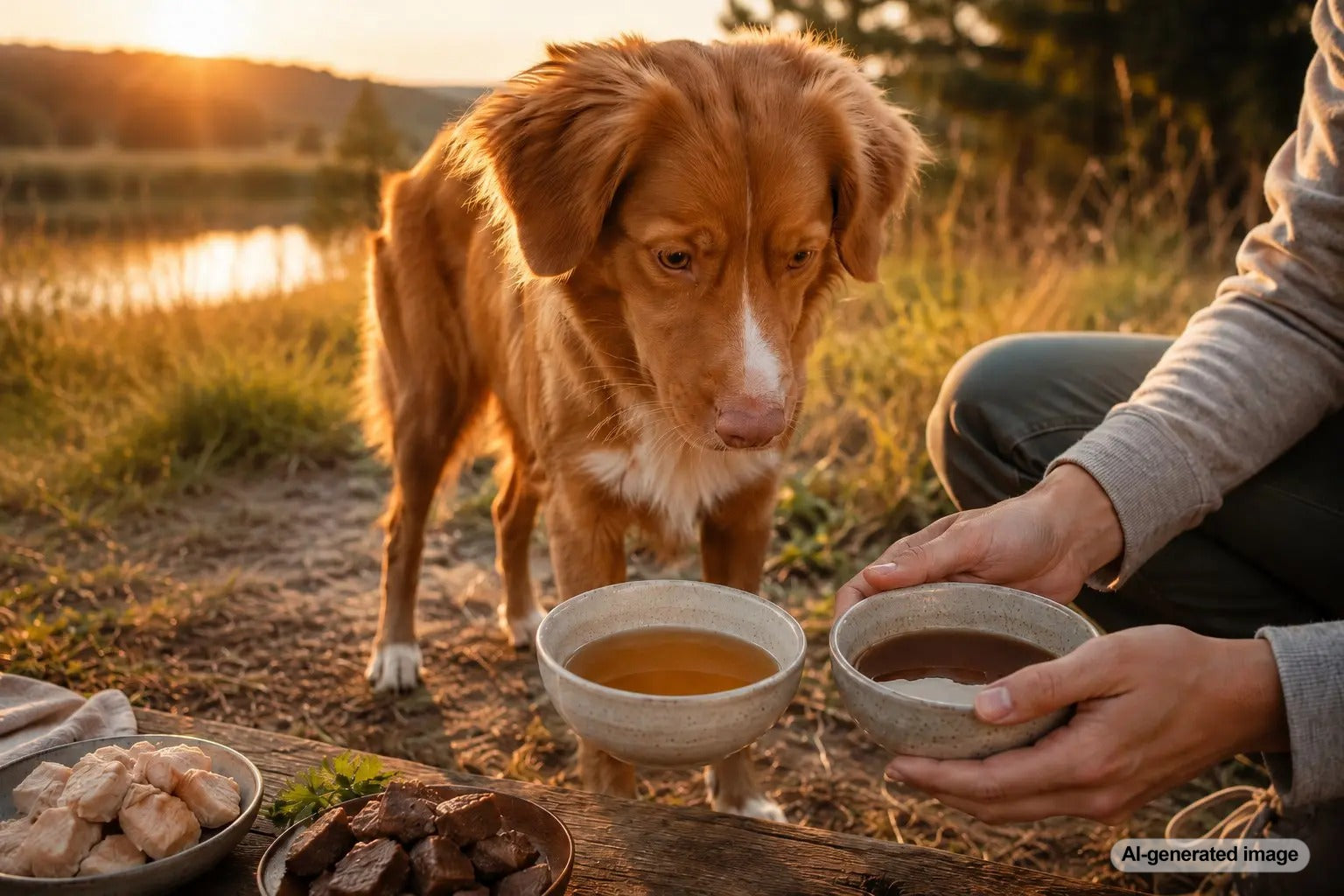 Chicken bone broth and beef bone broth for dogs with a happy dog enjoying a nutritious bowl topper