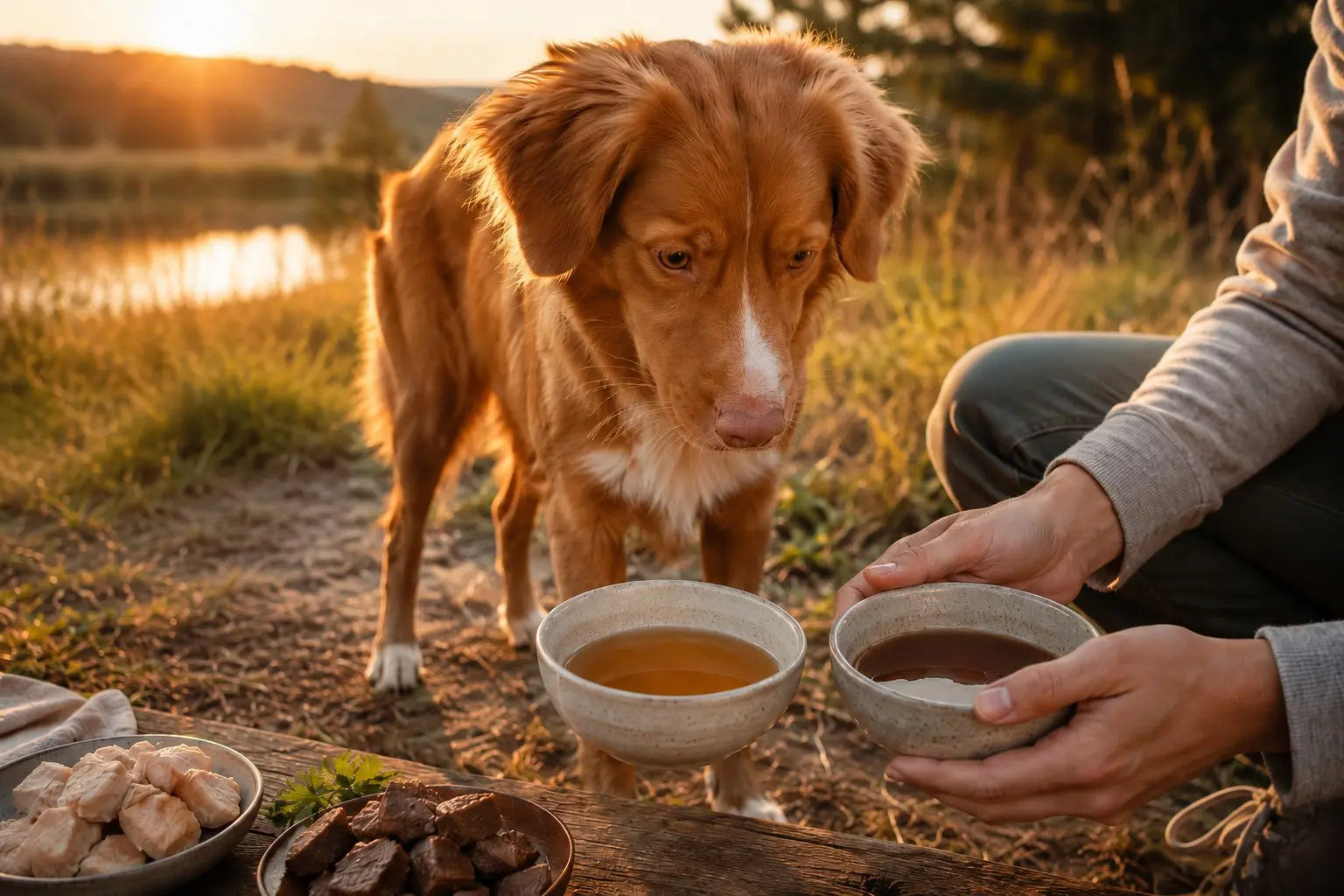 Chicken bone broth and beef bone broth for dogs with a happy dog enjoying a nutritious bowl topper
