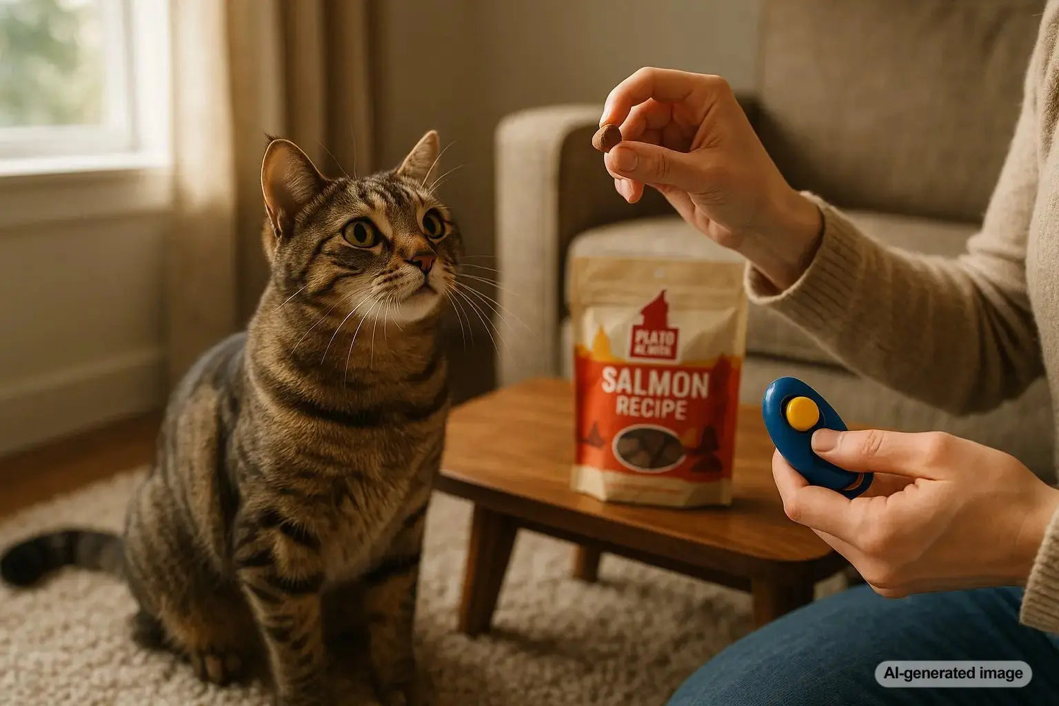 Cat clicker training session using treats and positive reinforcement