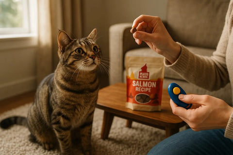 Cat clicker training session using treats and positive reinforcement