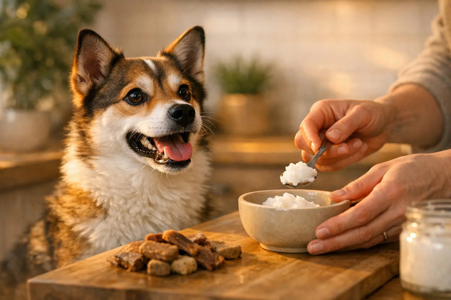Dog enjoying coconut oil benefits for skin and coat health