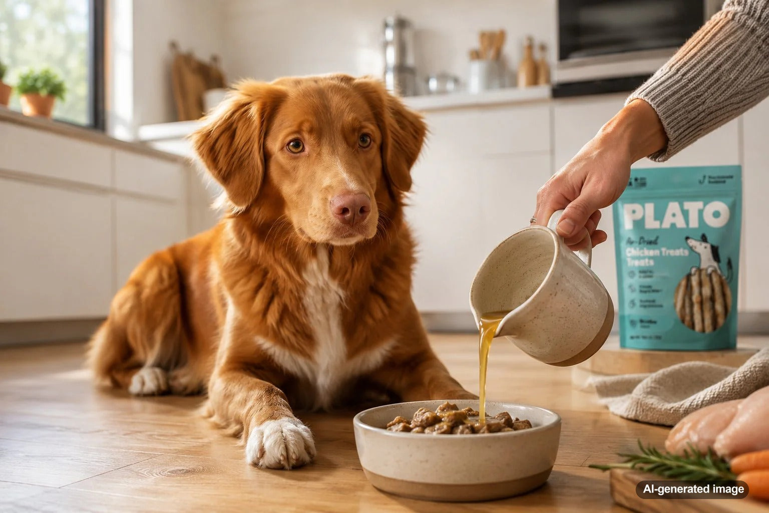 Chicken hearts, collagen-rich bone broth, and a nutritious bowl boost prepared for a dog