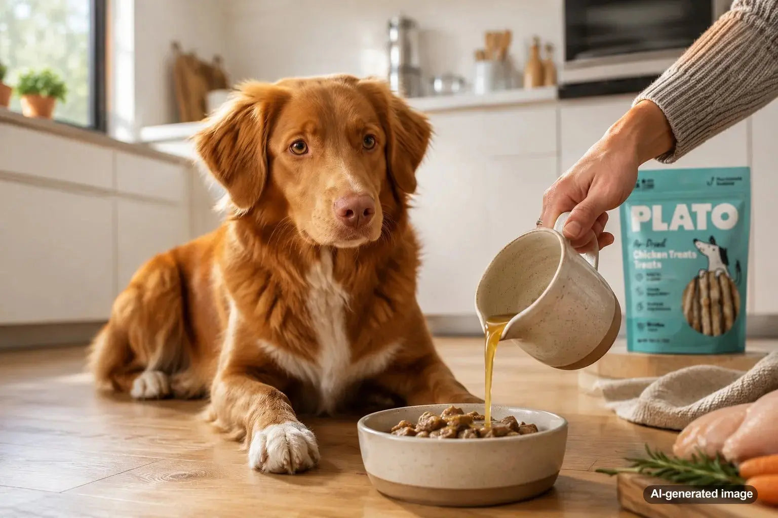 Chicken hearts, collagen-rich bone broth, and a nutritious bowl boost prepared for a dog