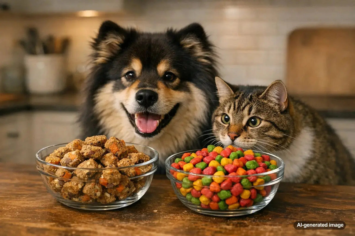 Dog and cat treats illustrating comparing natural vs artificial preservatives in pet treats