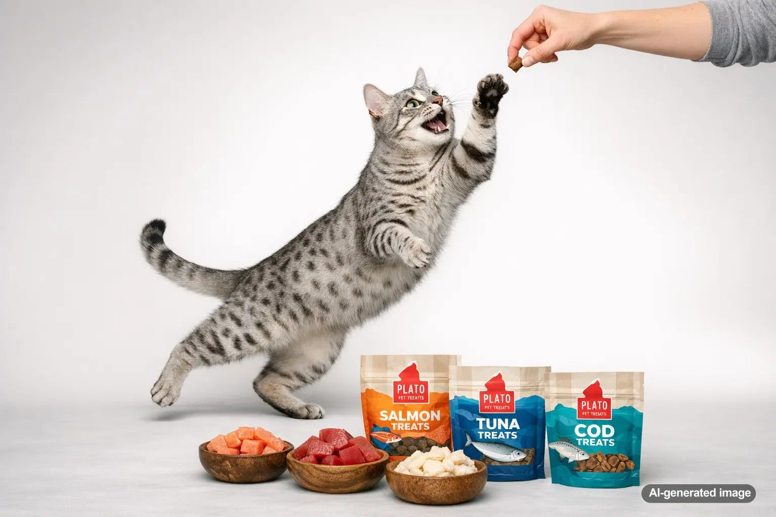 Cat enjoying fish treats while comparing salmon tuna and cod options