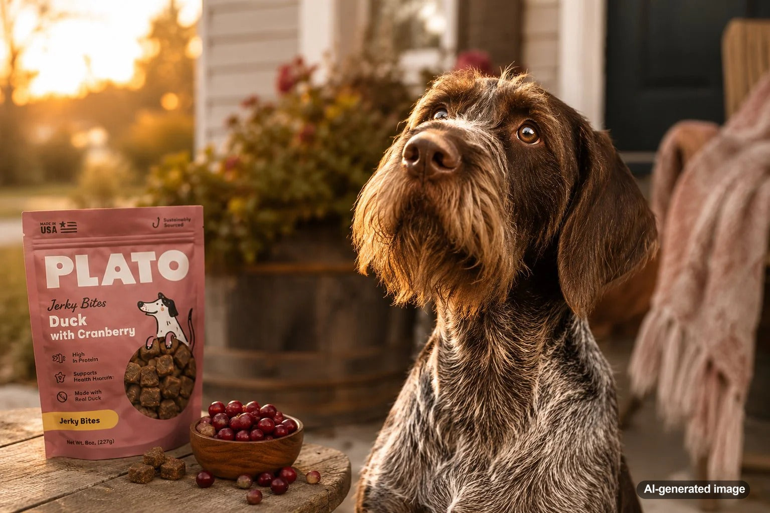 Dog enjoying cranberry and duck jerky bites as a festive treat
