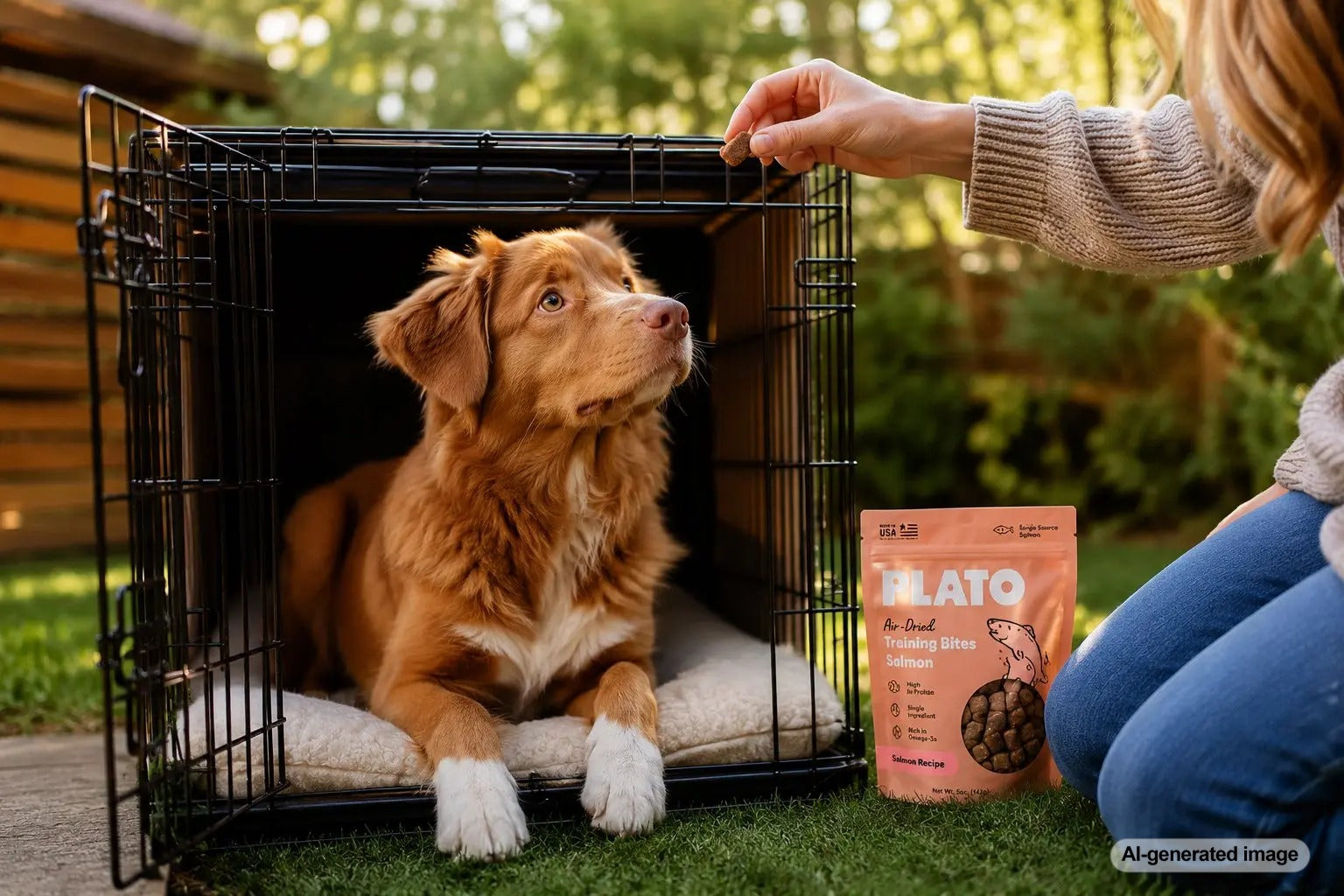 Dog resting calmly in a crate with limited-ingredient training snacks nearby