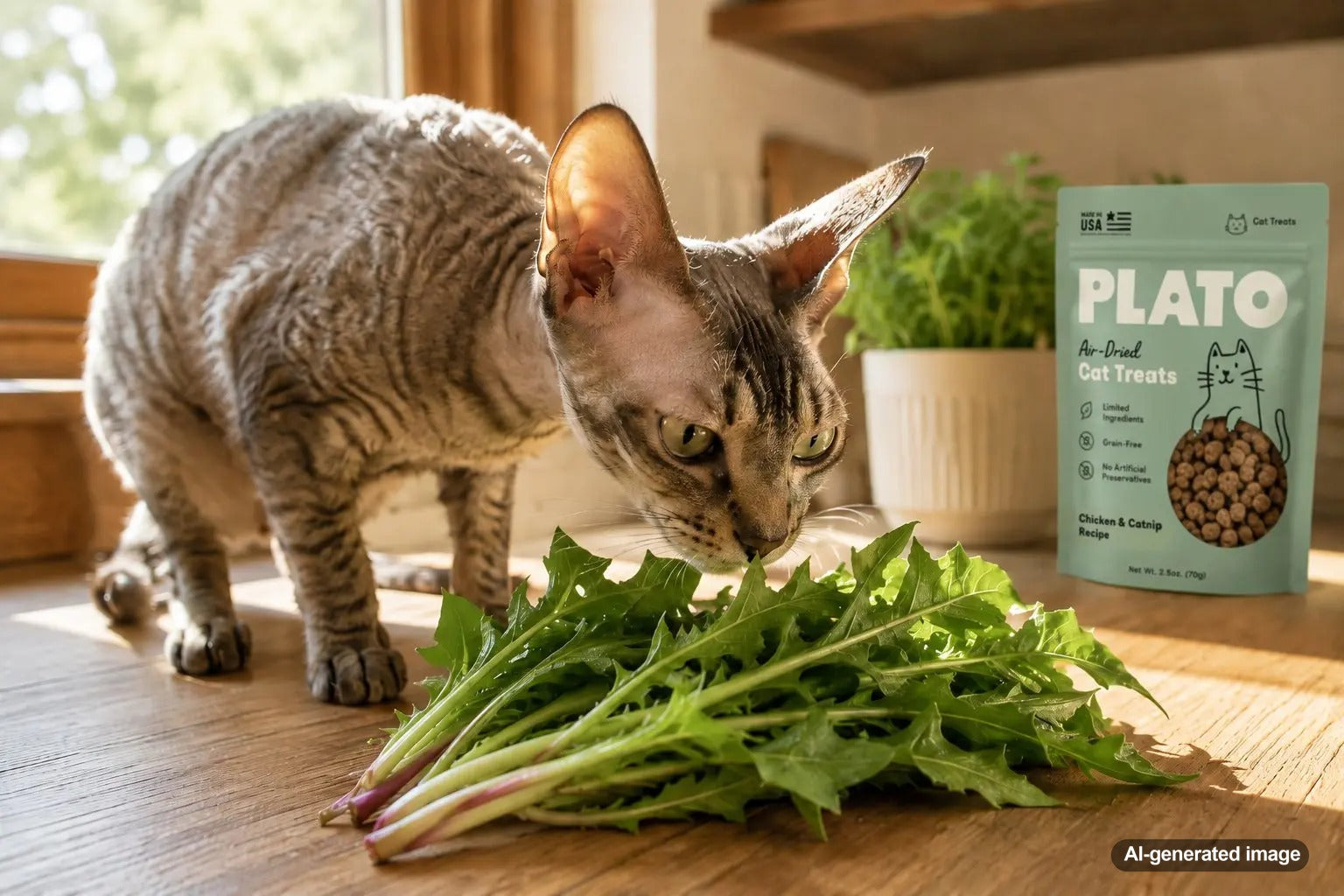 Cat near fresh dandelion greens for a blog about digestive benefits
