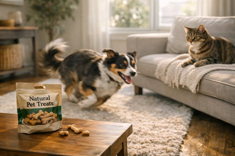 Happy dog experiencing zoomies after treat time at home