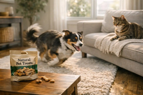Happy dog experiencing zoomies after treat time at home