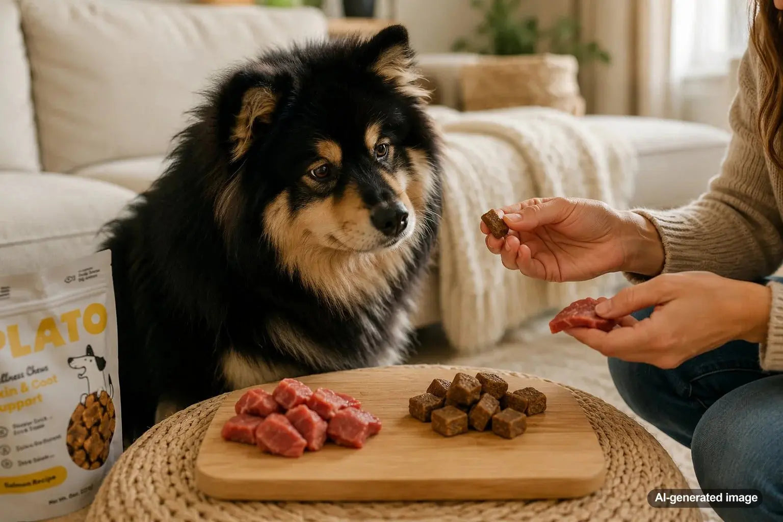 Dog enjoying air dried meat treats with a comparison of dehydrated meat treats and raw treats for safety
