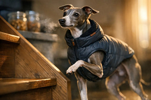 Delicate Italian Greyhound on Stairs in Cold Weather