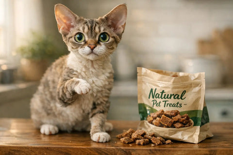 Devon Rex cat with curly coat and large ears lounging comfortably indoors