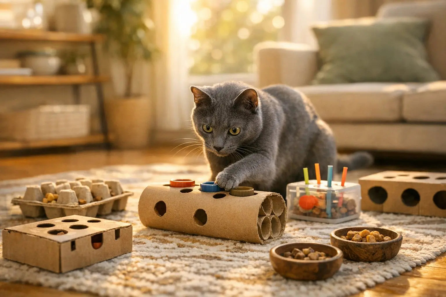 Curious indoor cat exploring DIY enrichment activities with toys, boxes, and treats