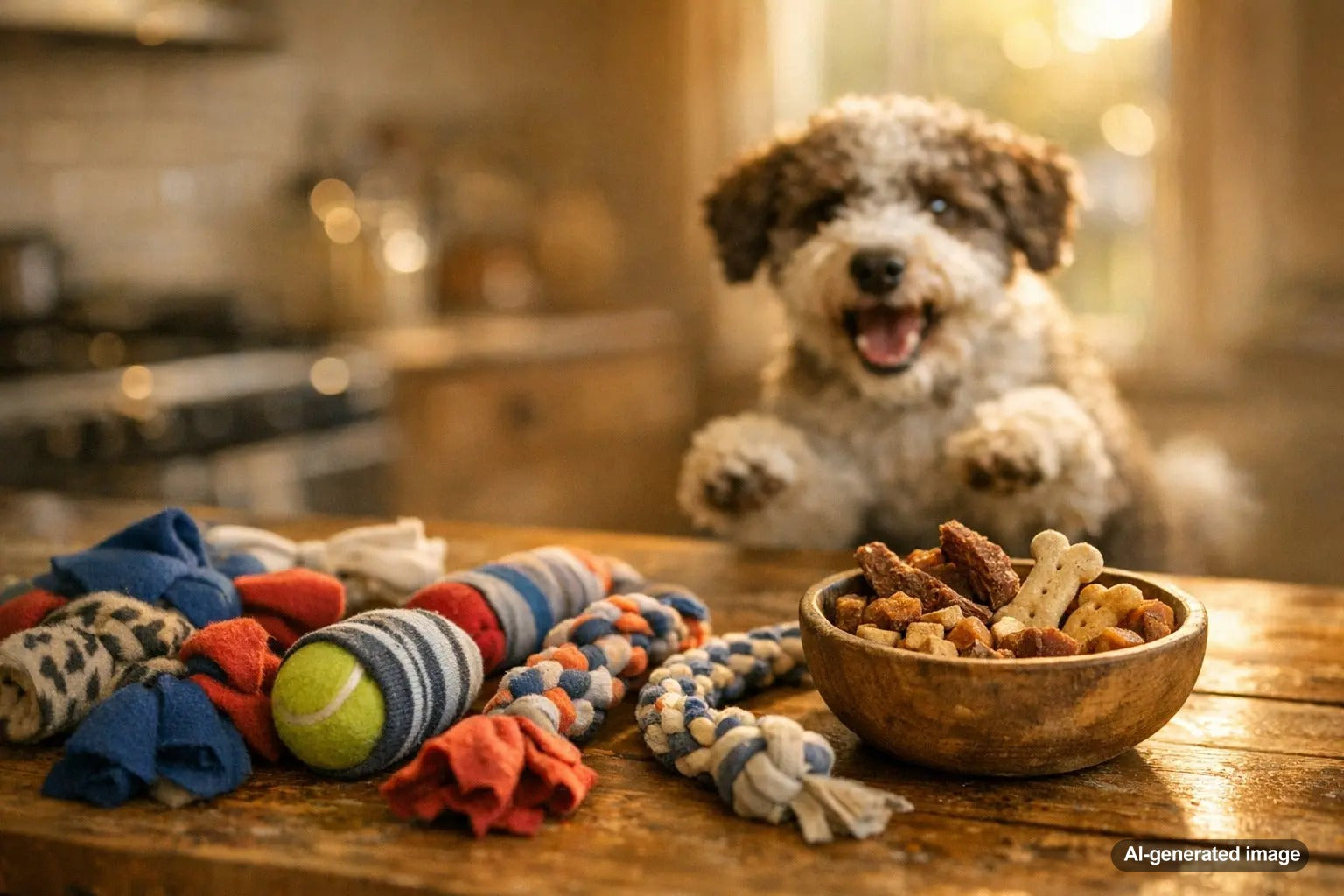 Happy dog beside homemade DIY dog toys and a bowl of treats on a wooden table