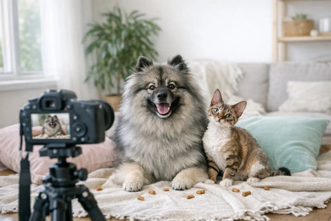 DIY pet photoshoot setup with dogs and cats in natural light at home