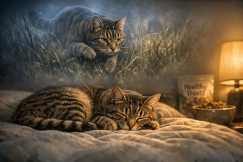Sleeping cat dreaming about hunting prey during REM sleep