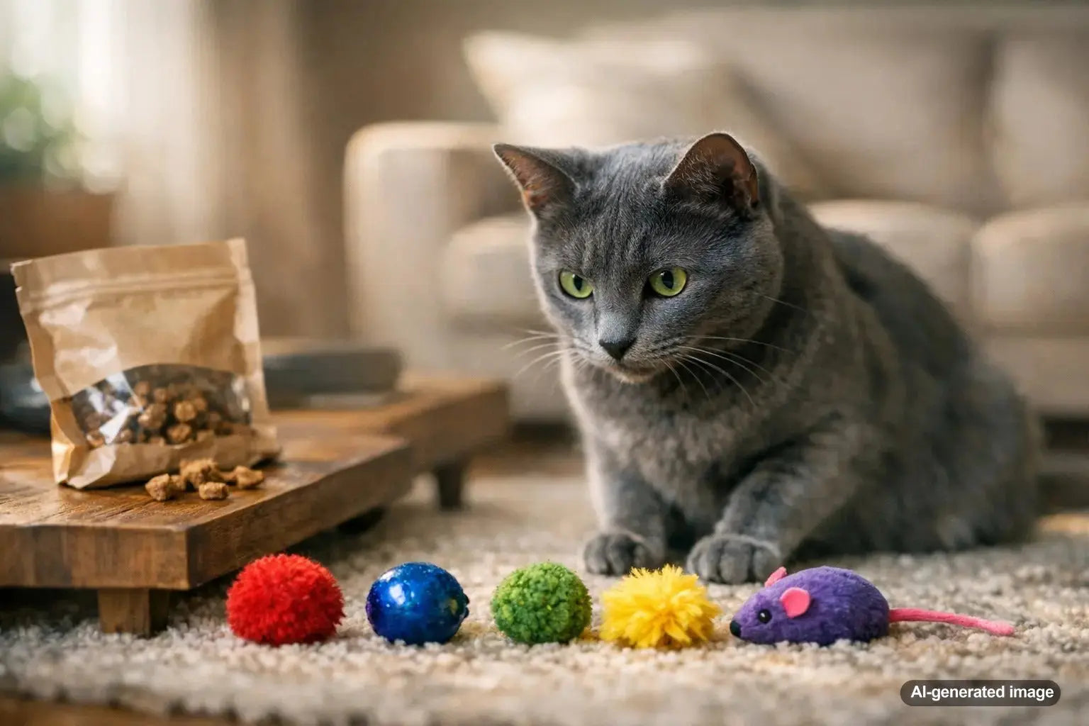 Cat playing with colorful toys illustrating feline color preferences