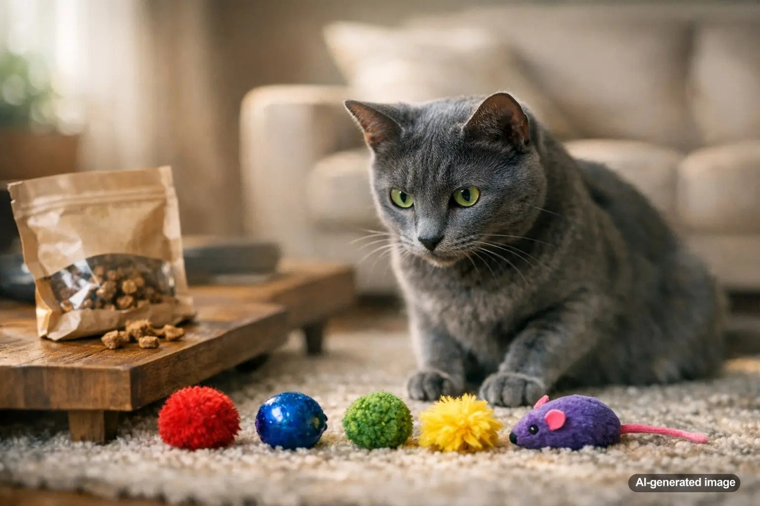 Cat playing with colorful toys illustrating feline color preferences