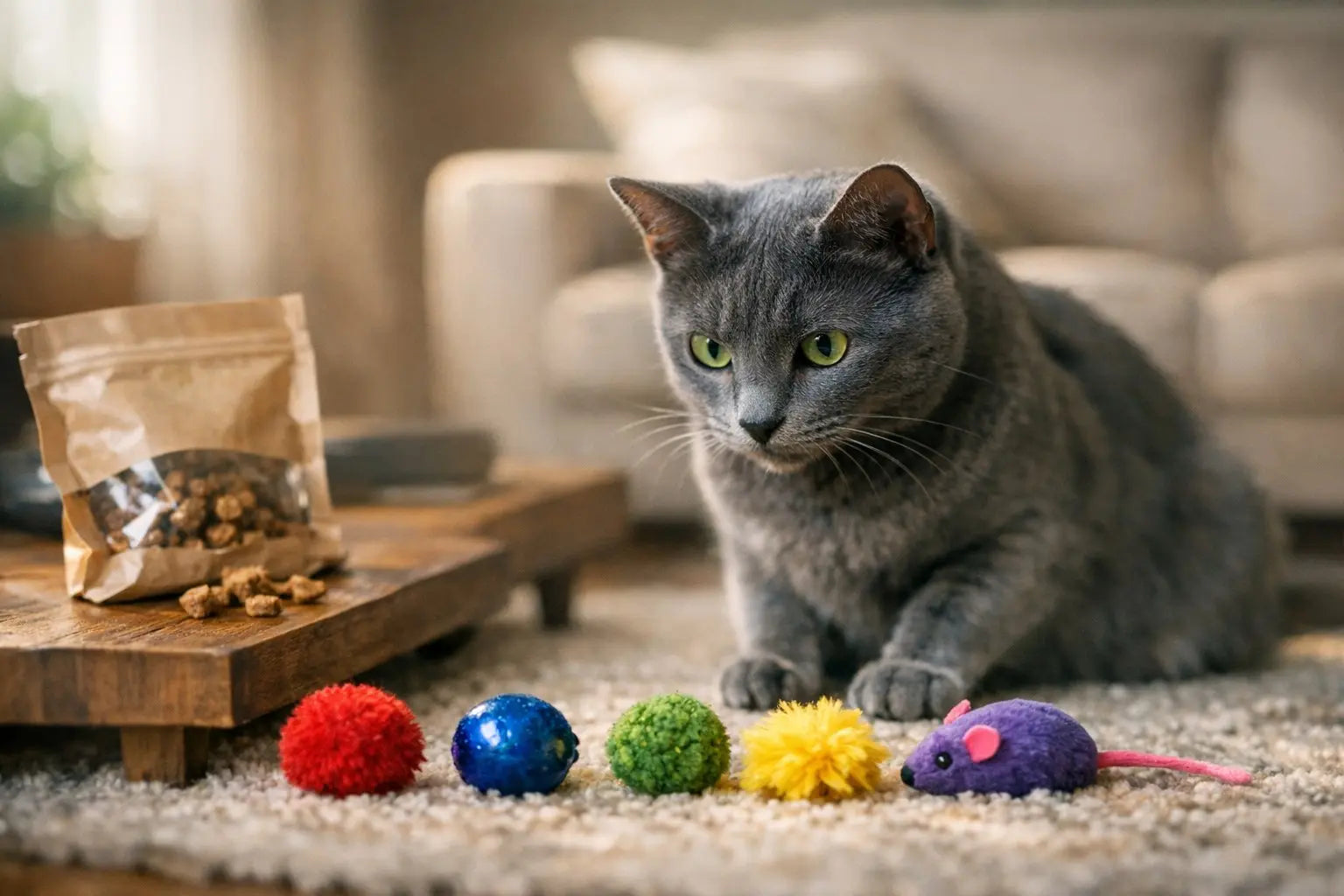 Cat playing with colorful toys illustrating feline color preferences
