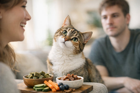 Curious cat listening closely to a human voice at home