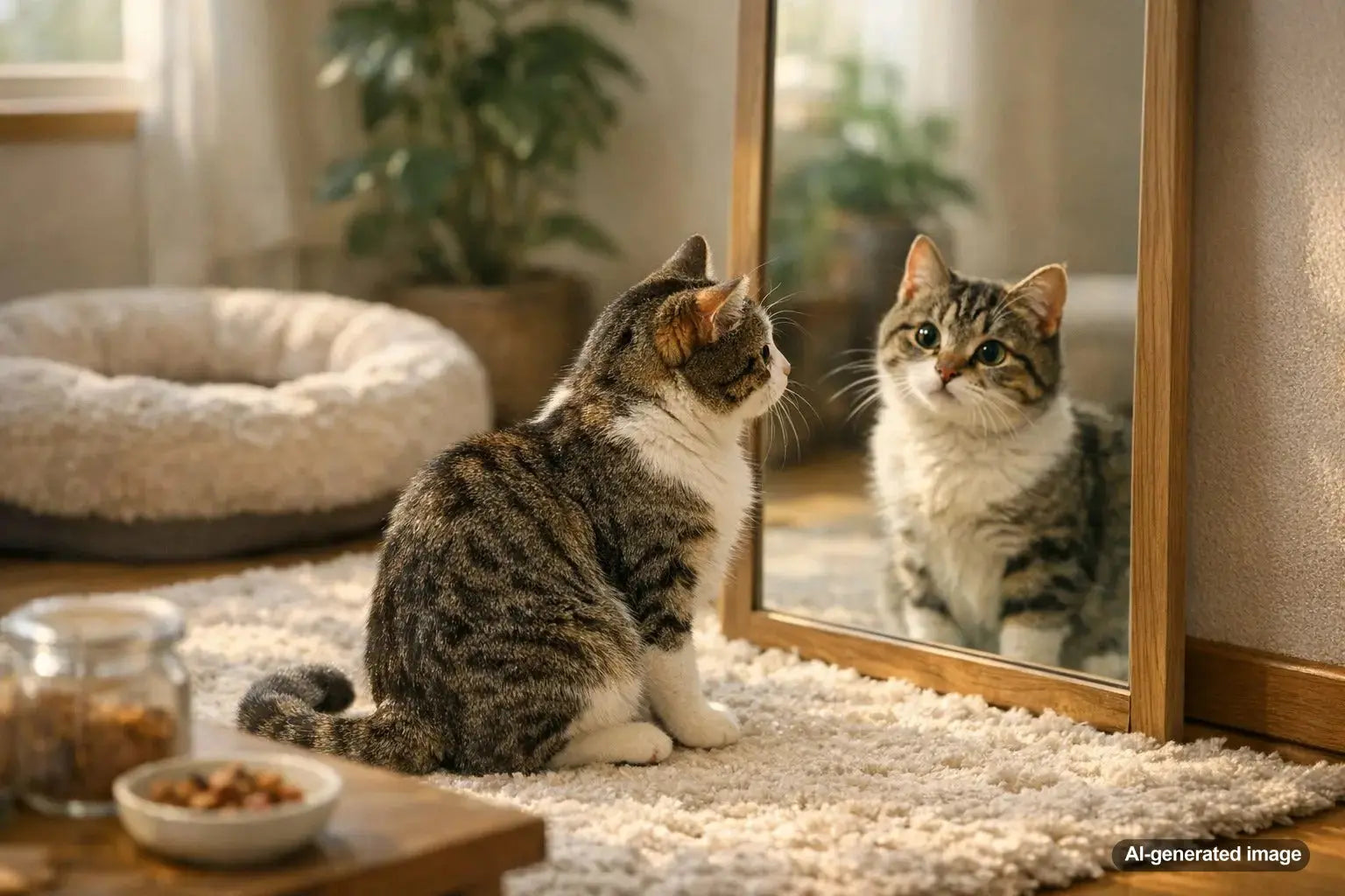 Curious cat looking at its reflection in a mirror indoors