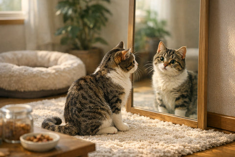 Curious cat looking at its reflection in a mirror indoors