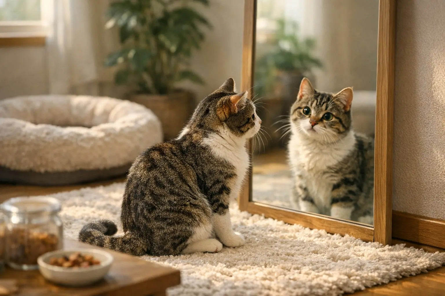 Curious cat looking at its reflection in a mirror indoors