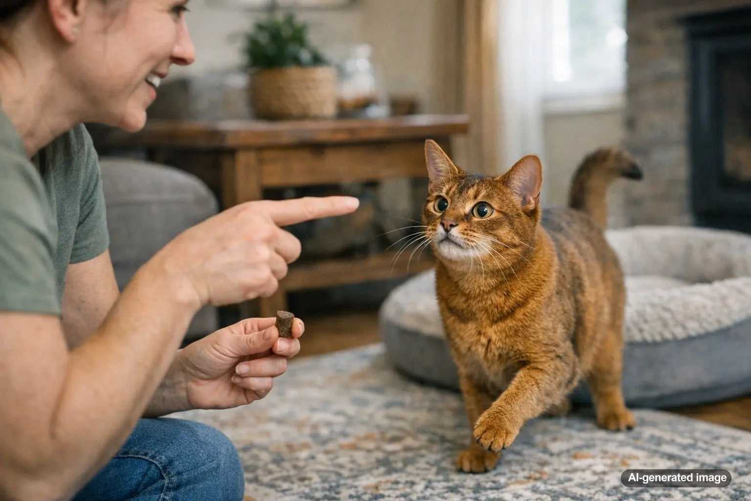 Curious cat watching a human pointing gesture during a treat-based communication game