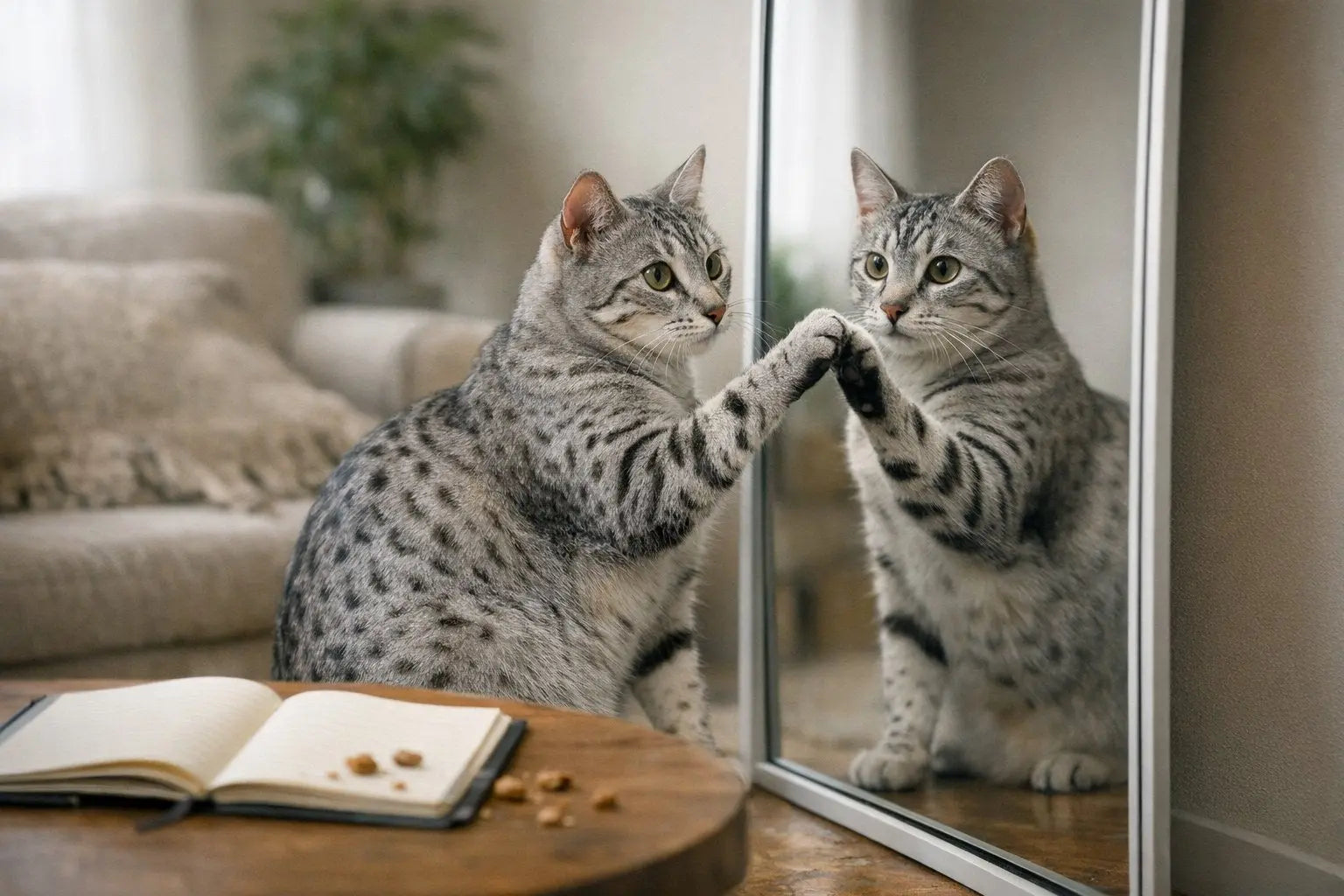 Curious cat looking at its reflection in a mirror for a blog about feline self-recognition and behavior